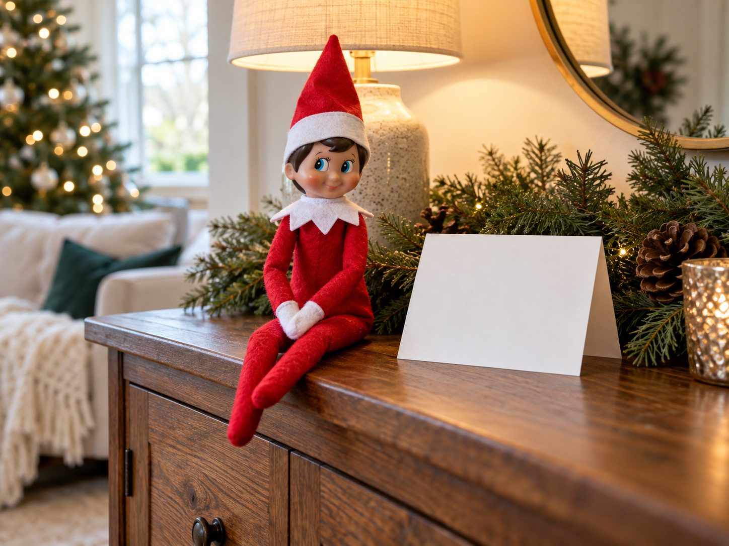 A red-suited Scout Elf arriving beside a blank greeting card in a softly lit Christmas home