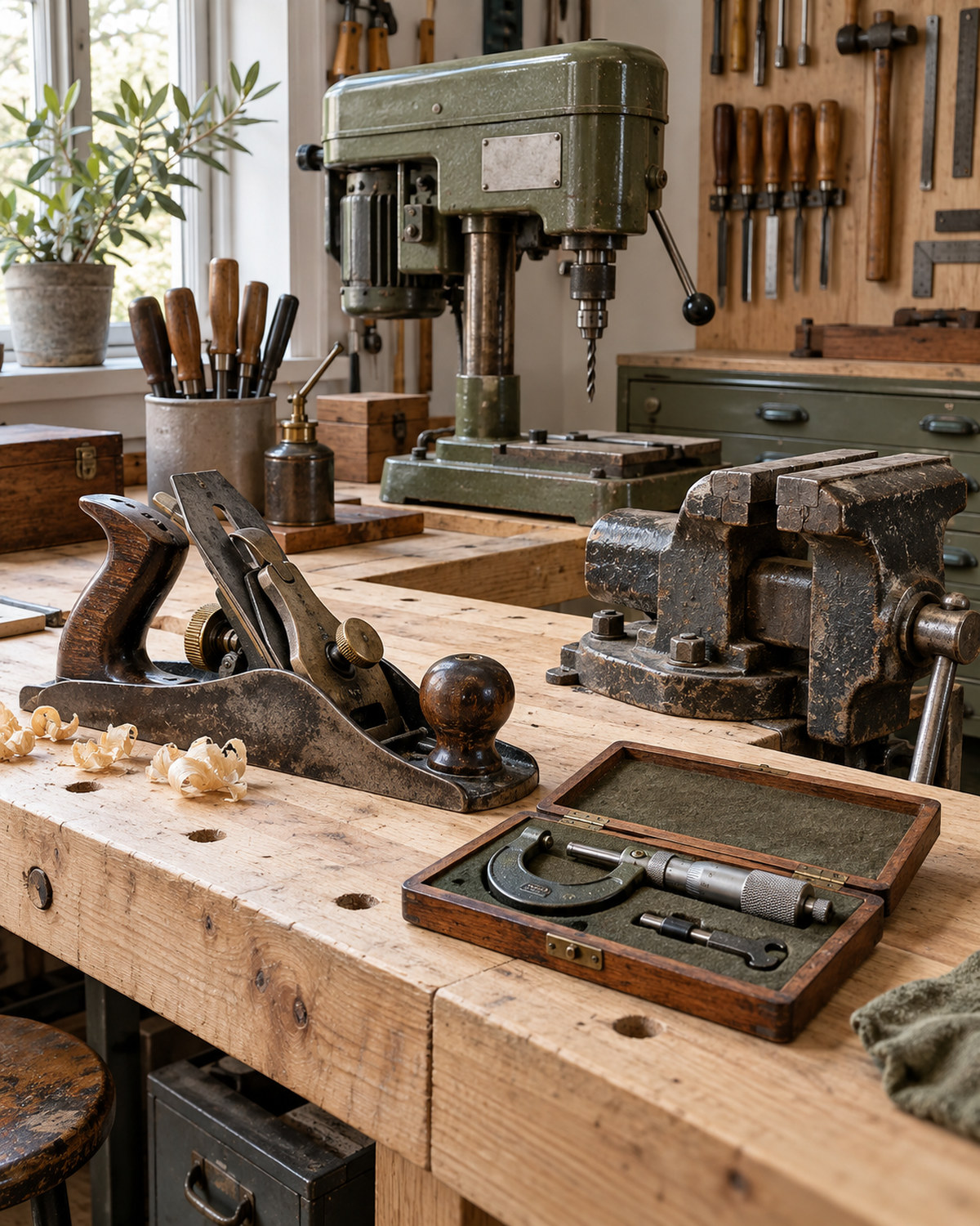 17 Garage Finds That Could Be Worth More Than You Think 2 Vintage woodworking plane, bench vise and machinist measuring tools on a workshop bench