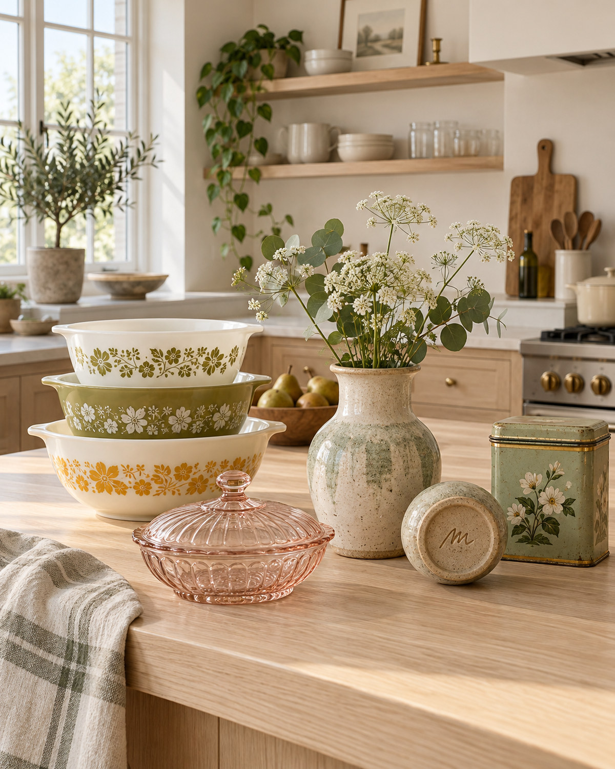 17 Vintage Household Items Worth Checking Before You Sell 3 Patterned vintage Pyrex bowls, a pressed-glass dish, studio pottery and a kitchen tin in a bright kitchen