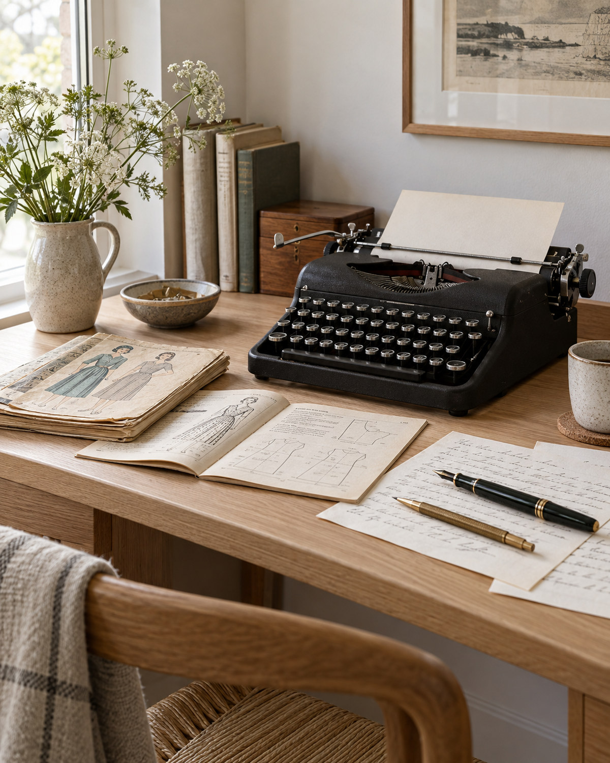 17 Vintage Household Items Worth Checking Before You Sell 4 Vintage mechanical typewriter, sewing pattern booklets and fountain pens on a Scandinavian-style desk
