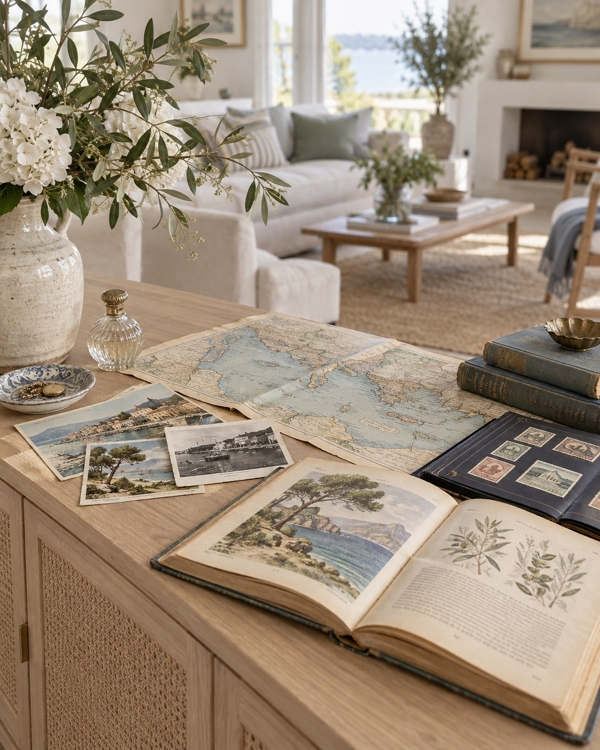 17 Vintage Household Items Worth Checking Before You Sell 5 Old illustrated books, a folded map, postcards, a stamp album and a glass perfume bottle on a console table