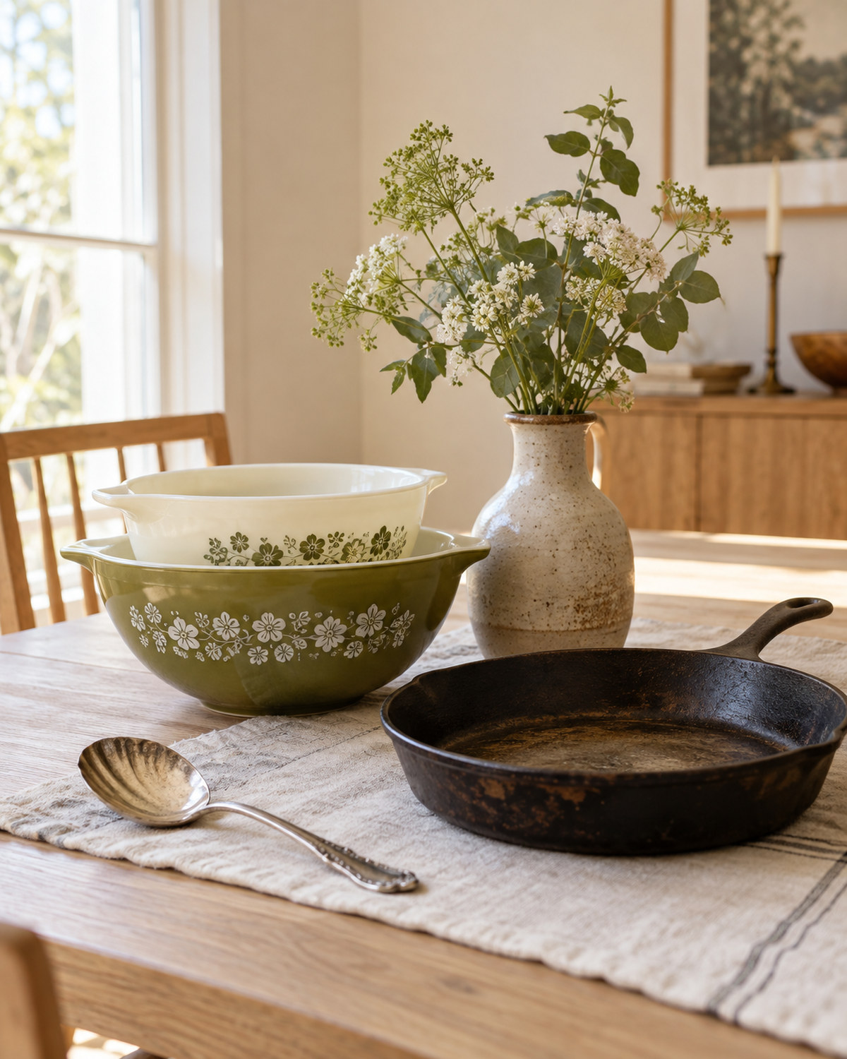 17 Vintage Household Items Worth Checking Before You Sell 2 Vintage Pyrex bowls, a cast-iron skillet, pottery vase and silver serving spoon arranged on a pale wood table