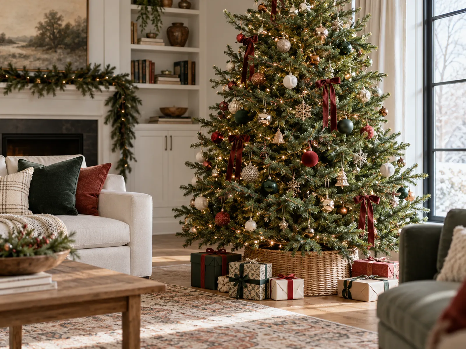 A naturally decorated Christmas tree in a bright living room, with well-spaced ornaments, warm lights and simple wrapped gifts.