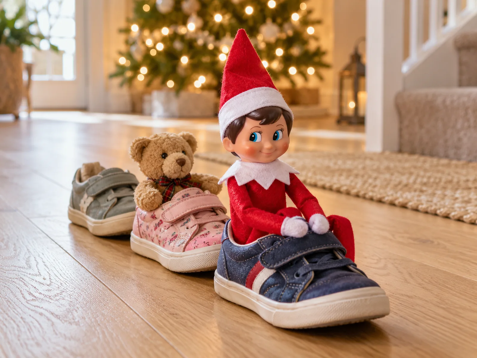 Elf on the Shelf 9 A Christmas elf riding in a shoe train with a teddy bear.