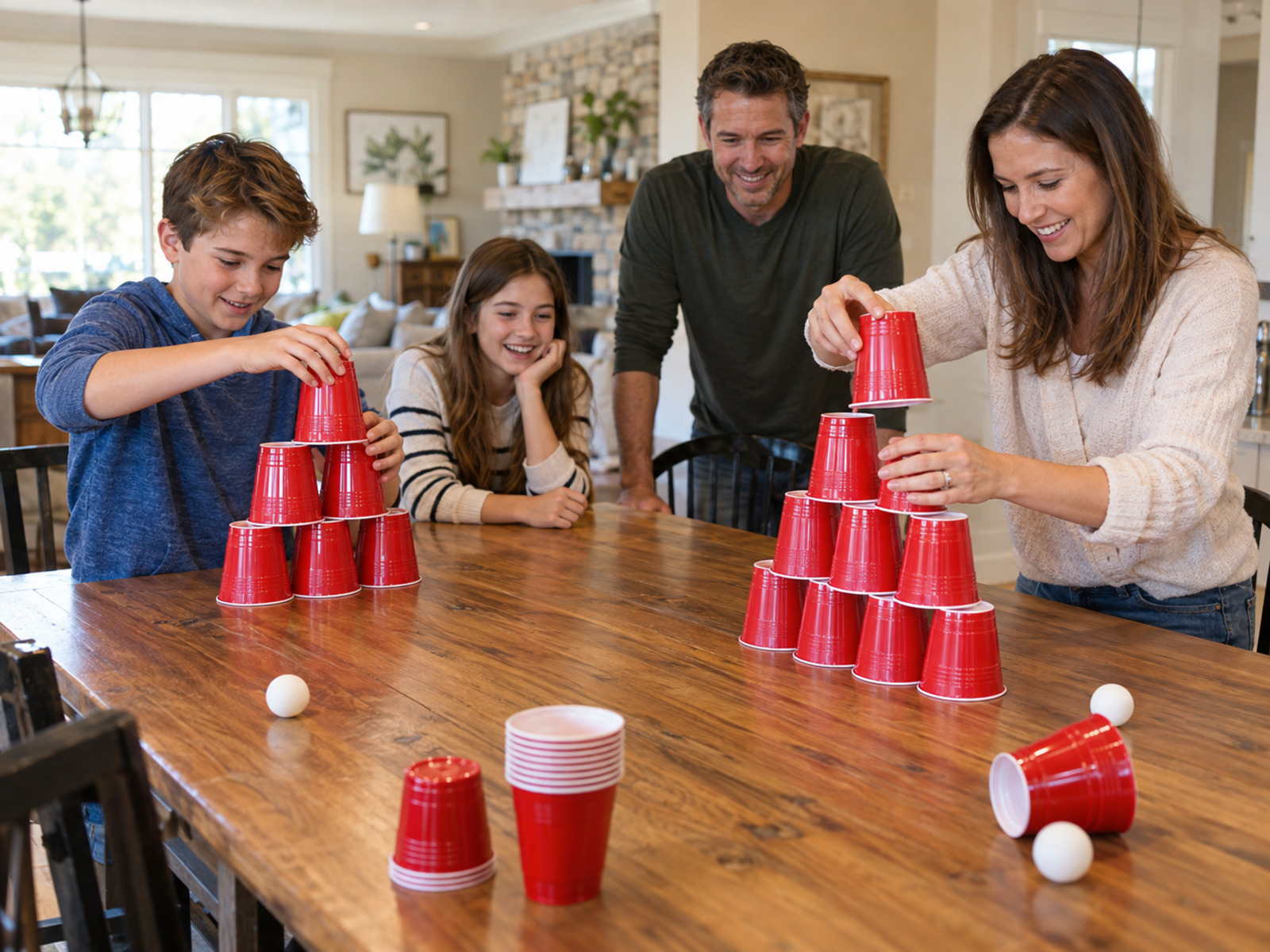 A child and an adult stack red plastic cups while family members watch at a dining table.