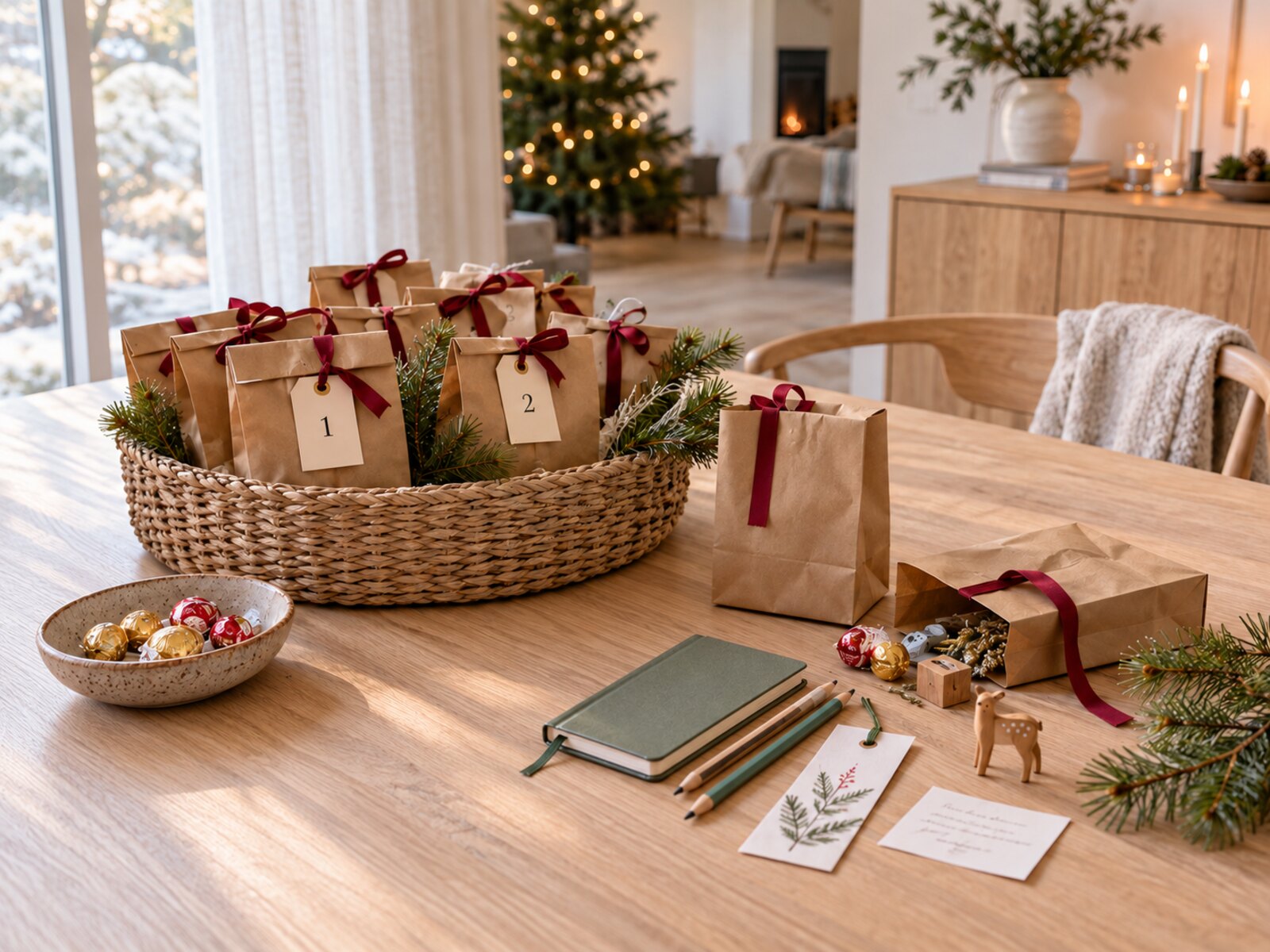 Scandinavian-inspired Advent calendar with numbered paper parcels and a simple selection of thoughtful fillers