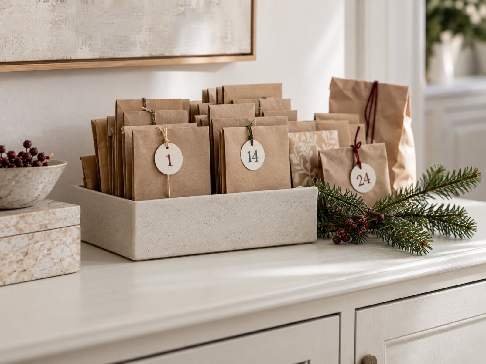 DIY Advent calendar ideas arranged in a calm Scandinavian Christmas setting