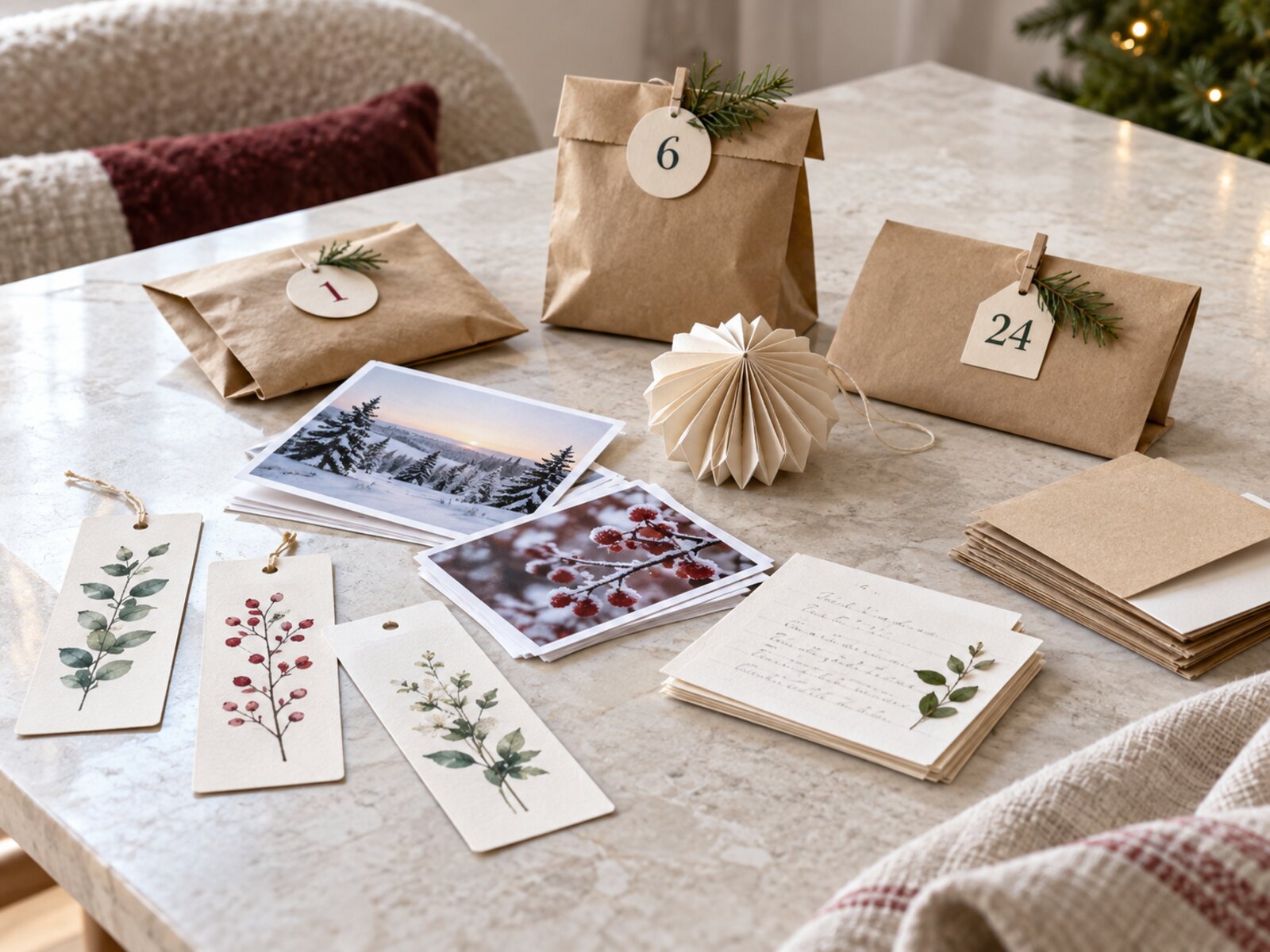 Homemade Advent calendar fillers arranged in a calm Scandinavian Christmas setting