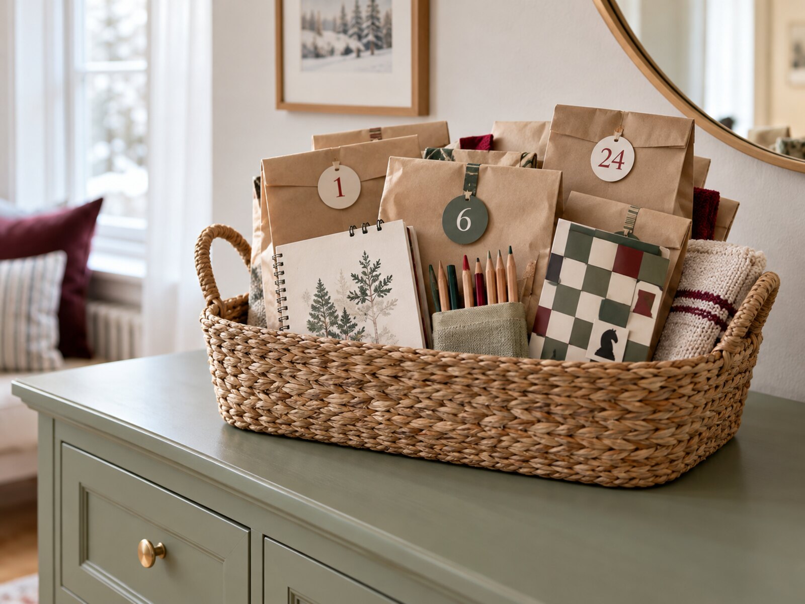 Advent calendar fillers for kids arranged in a calm Scandinavian Christmas setting