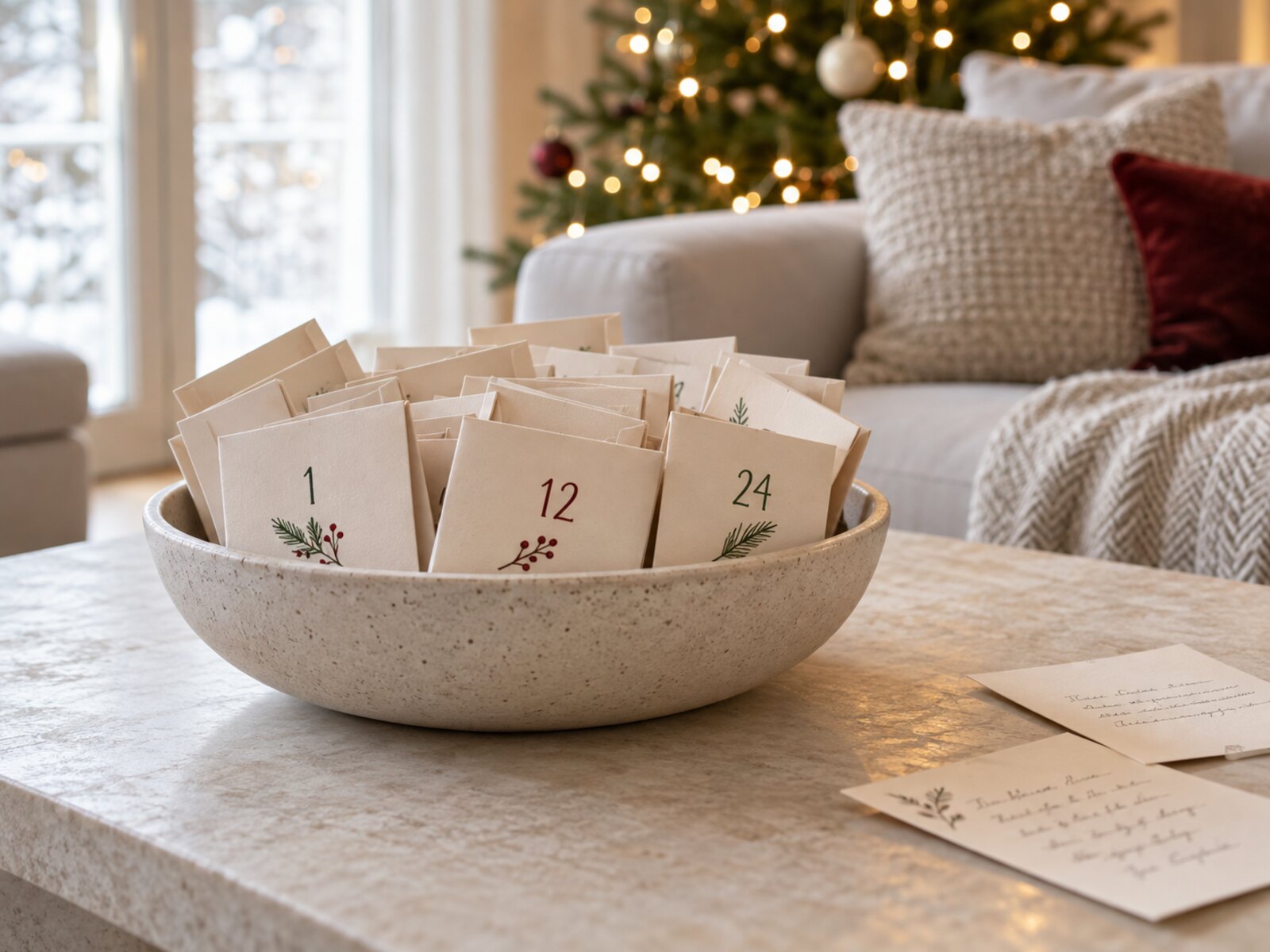 Kindness Advent calendar ideas arranged in a calm Scandinavian Christmas setting