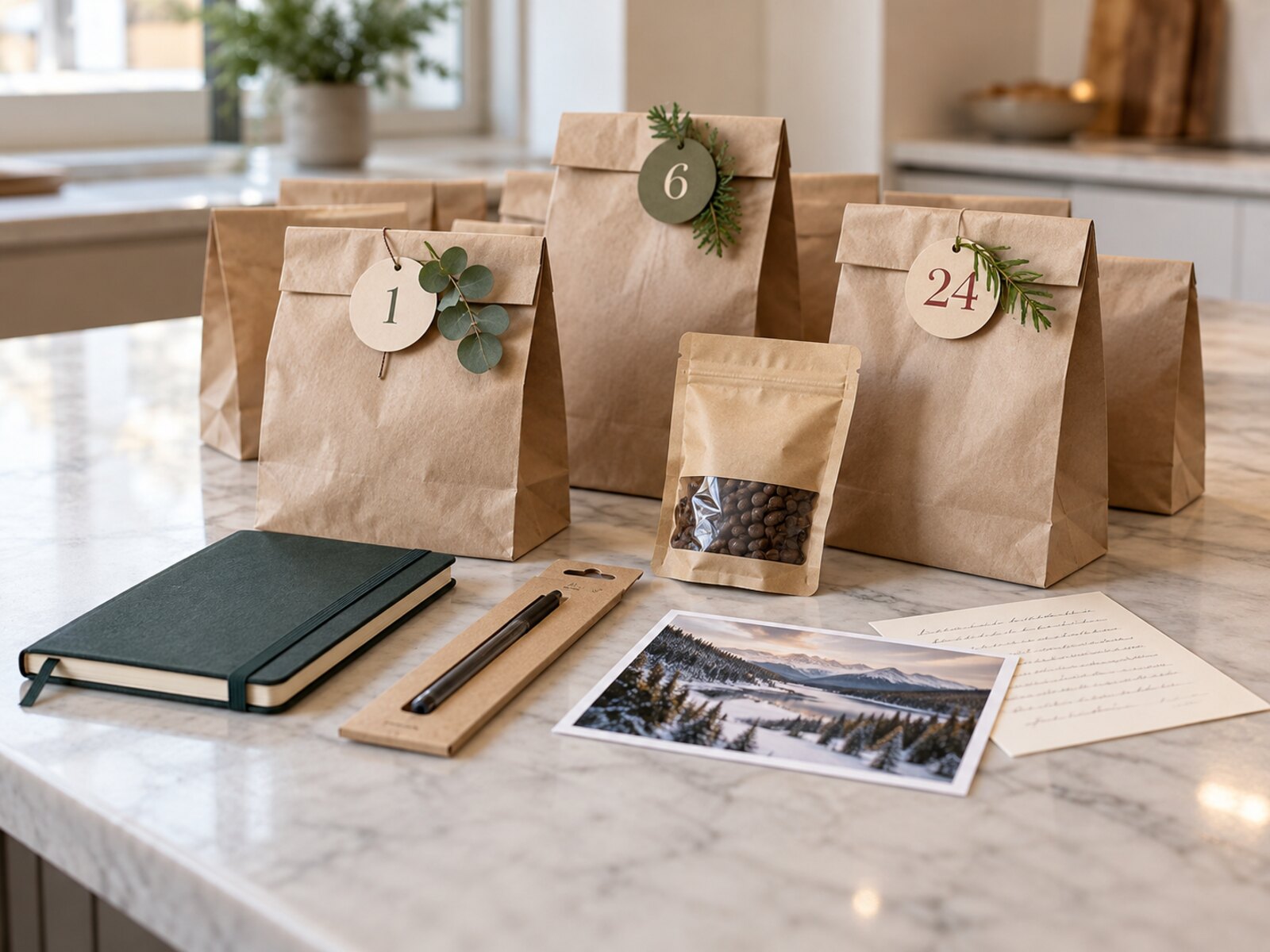 Advent calendar fillers for men arranged in a calm Scandinavian Christmas setting