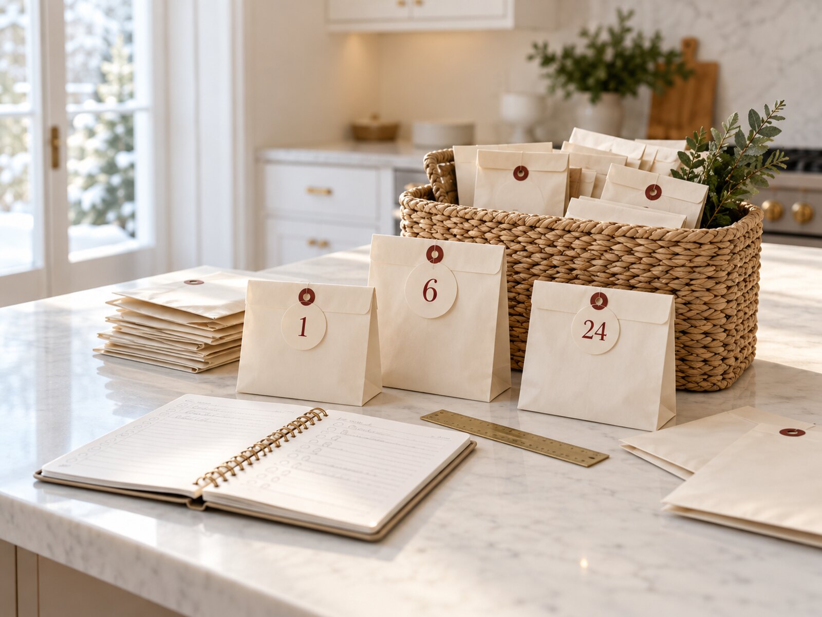 How to fill an Advent calendar arranged in a calm Scandinavian Christmas setting