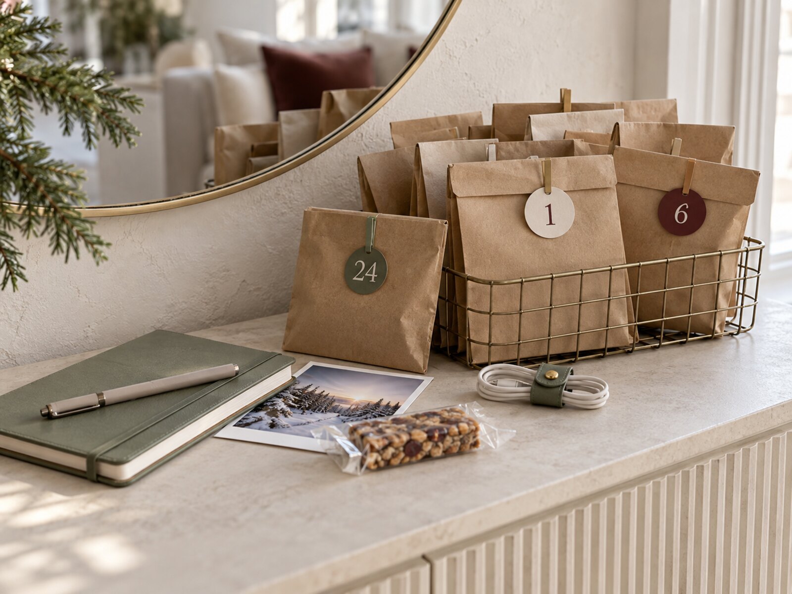 Advent calendar fillers for teens arranged in a calm Scandinavian Christmas setting