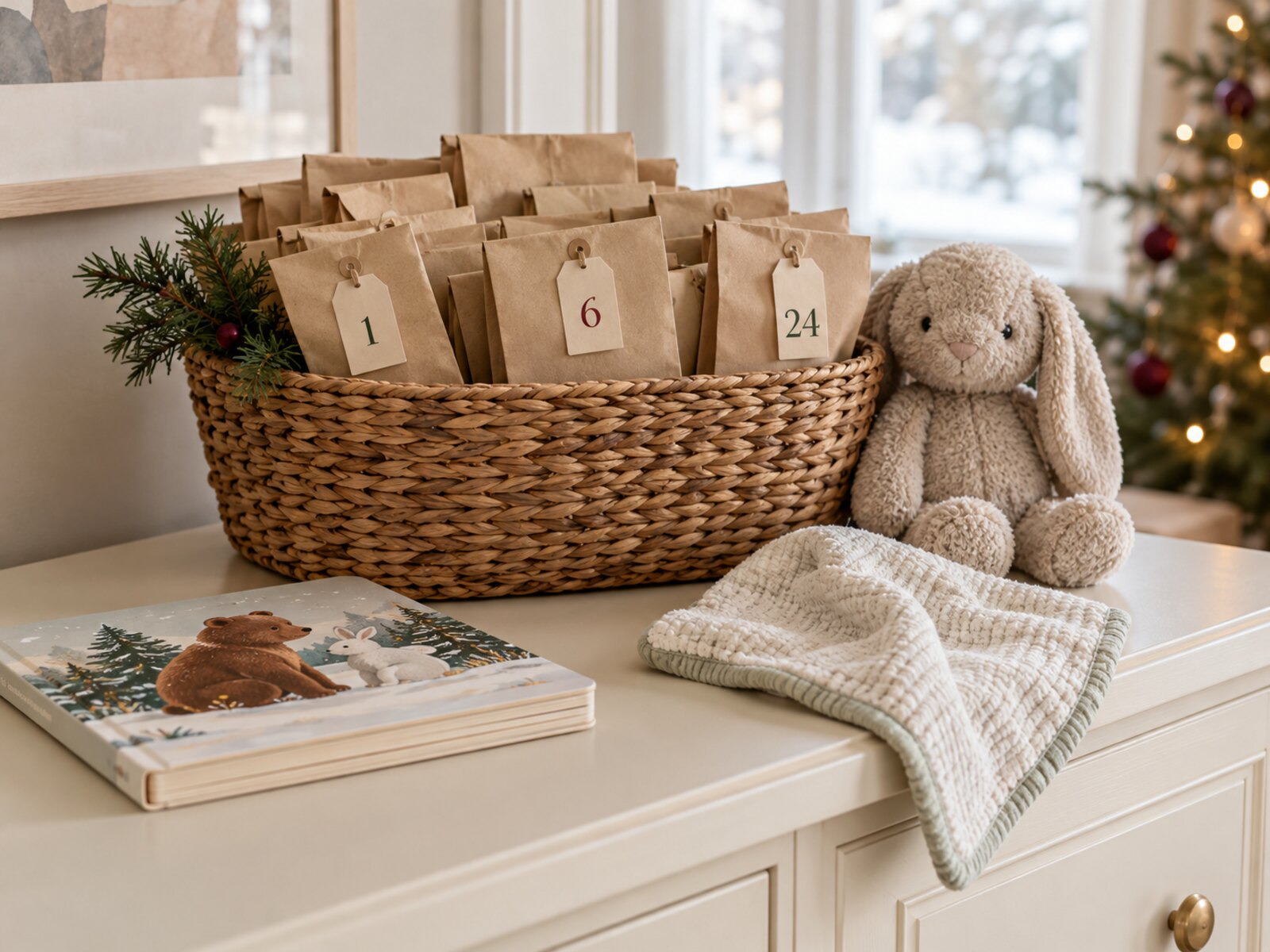 Advent calendar fillers for toddlers arranged in a calm Scandinavian Christmas setting