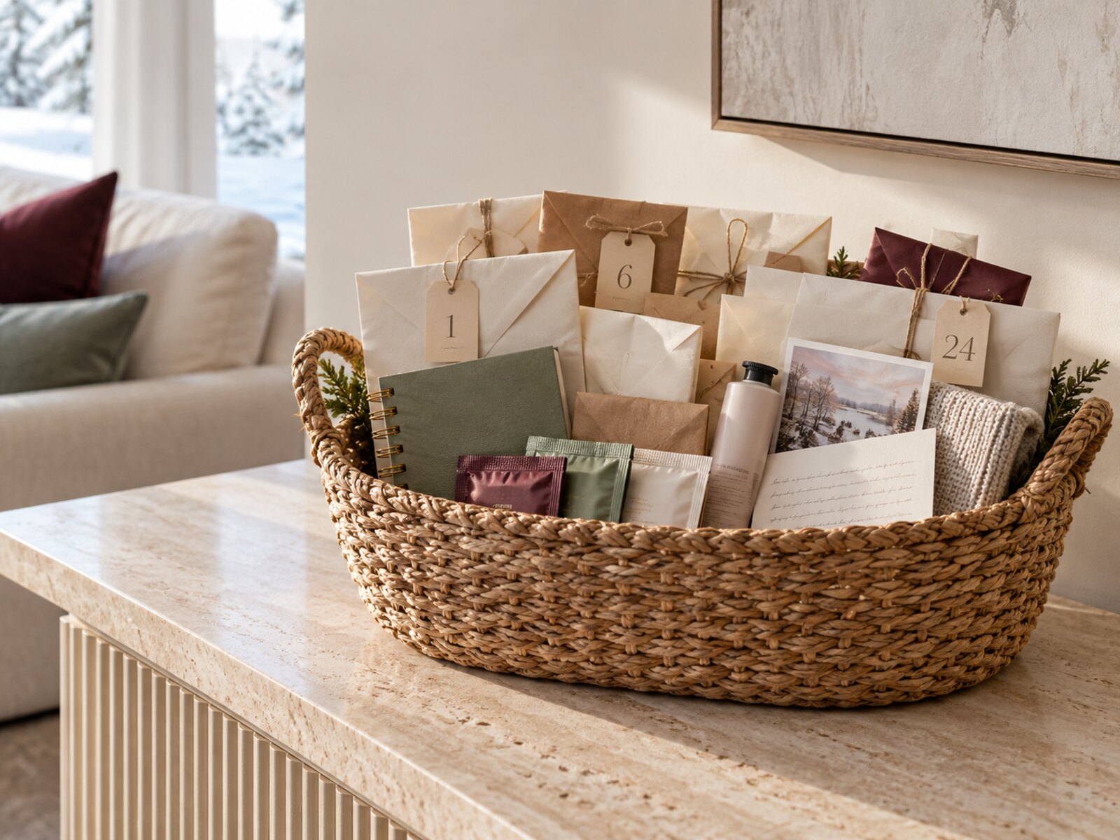 Advent calendar fillers for women arranged in a calm Scandinavian Christmas setting