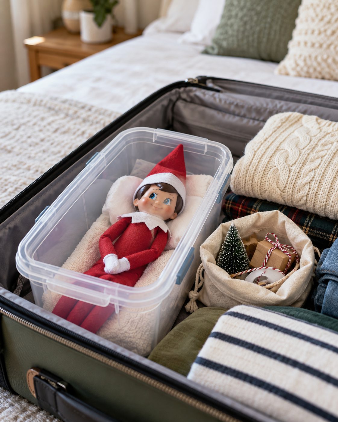 Elf on the Shelf tucked safely into a clear travel container in an open suitcase