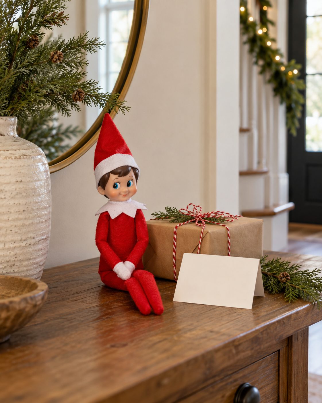 Elf on the Shelf Welcome Back Ideas: Easy Arrivals for the First Day 4 A Scout Elf beside a small wrapped box and a blank arrival card