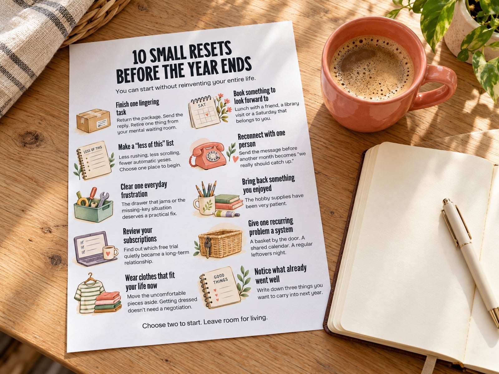 Year-end reset printable on a wooden table beside a notebook, pen and coral coffee mug