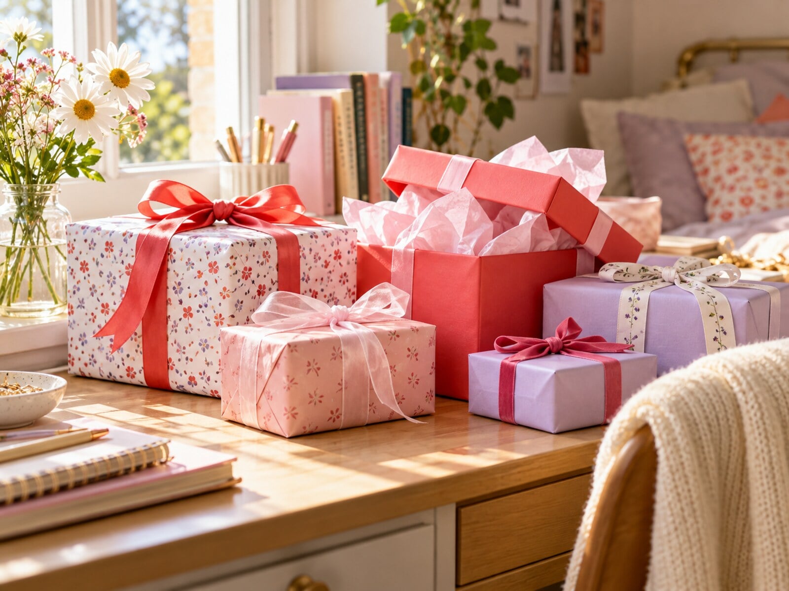 Pink, coral and lavender wrapped gifts arranged on a sunlit bedroom desk.