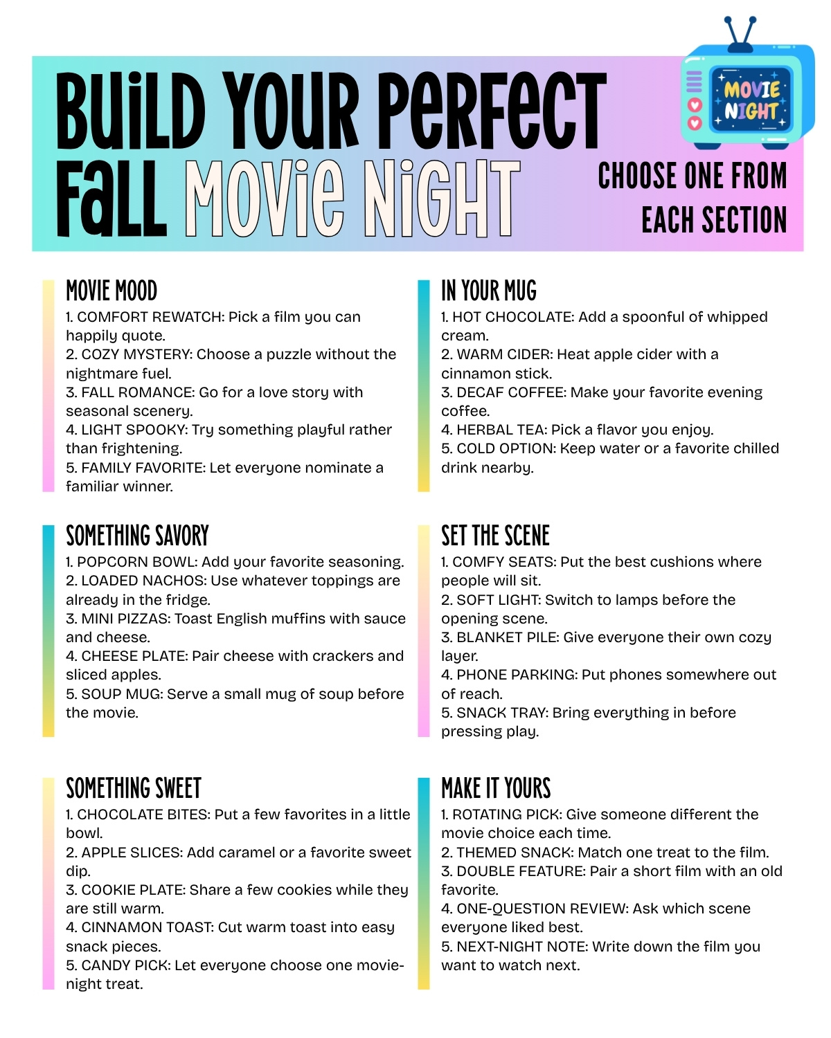 Build Your Perfect Fall Movie Night printable list